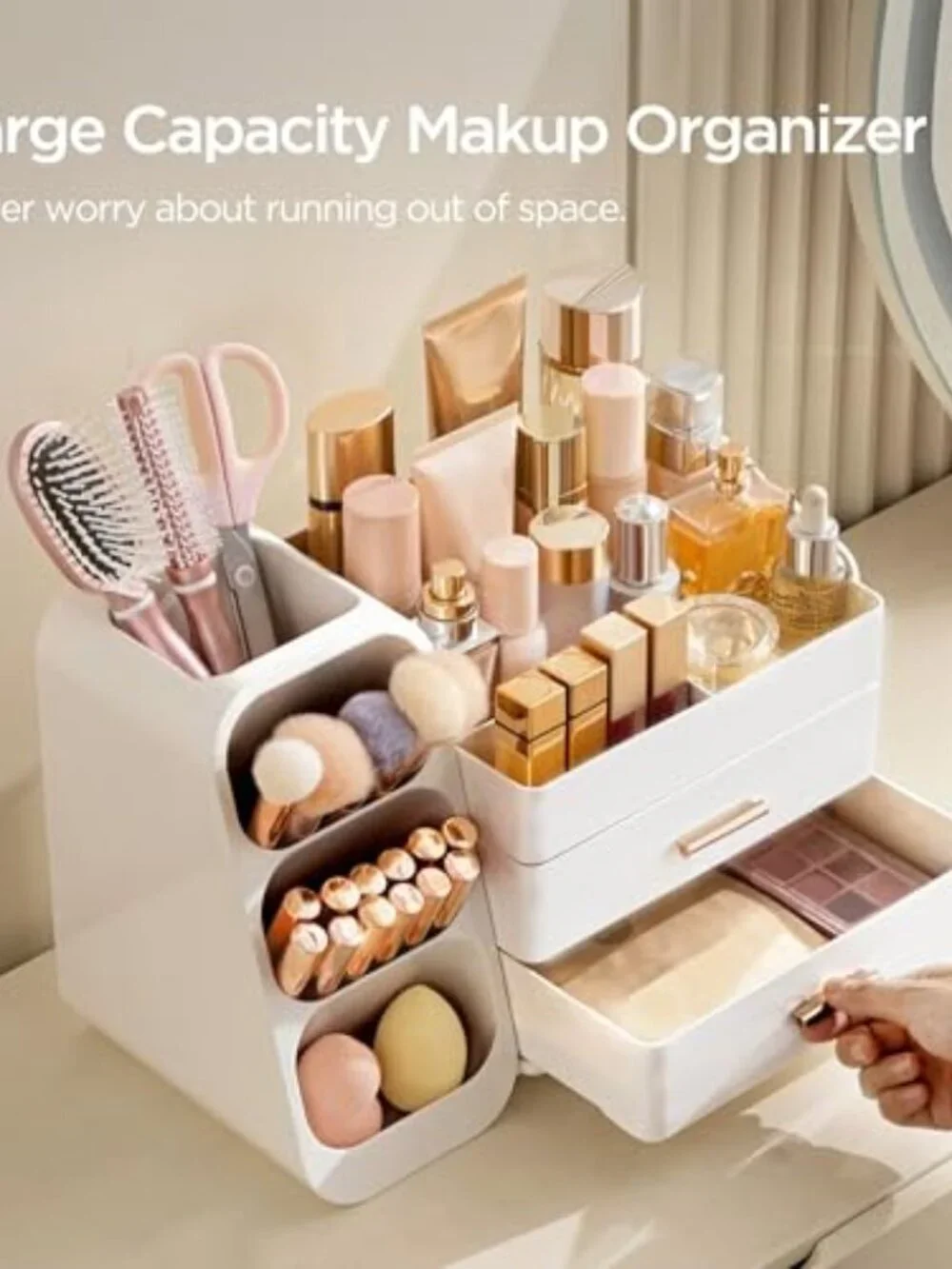 Makeup Organizer with Brush Holder for Vanity, Large Plastic
